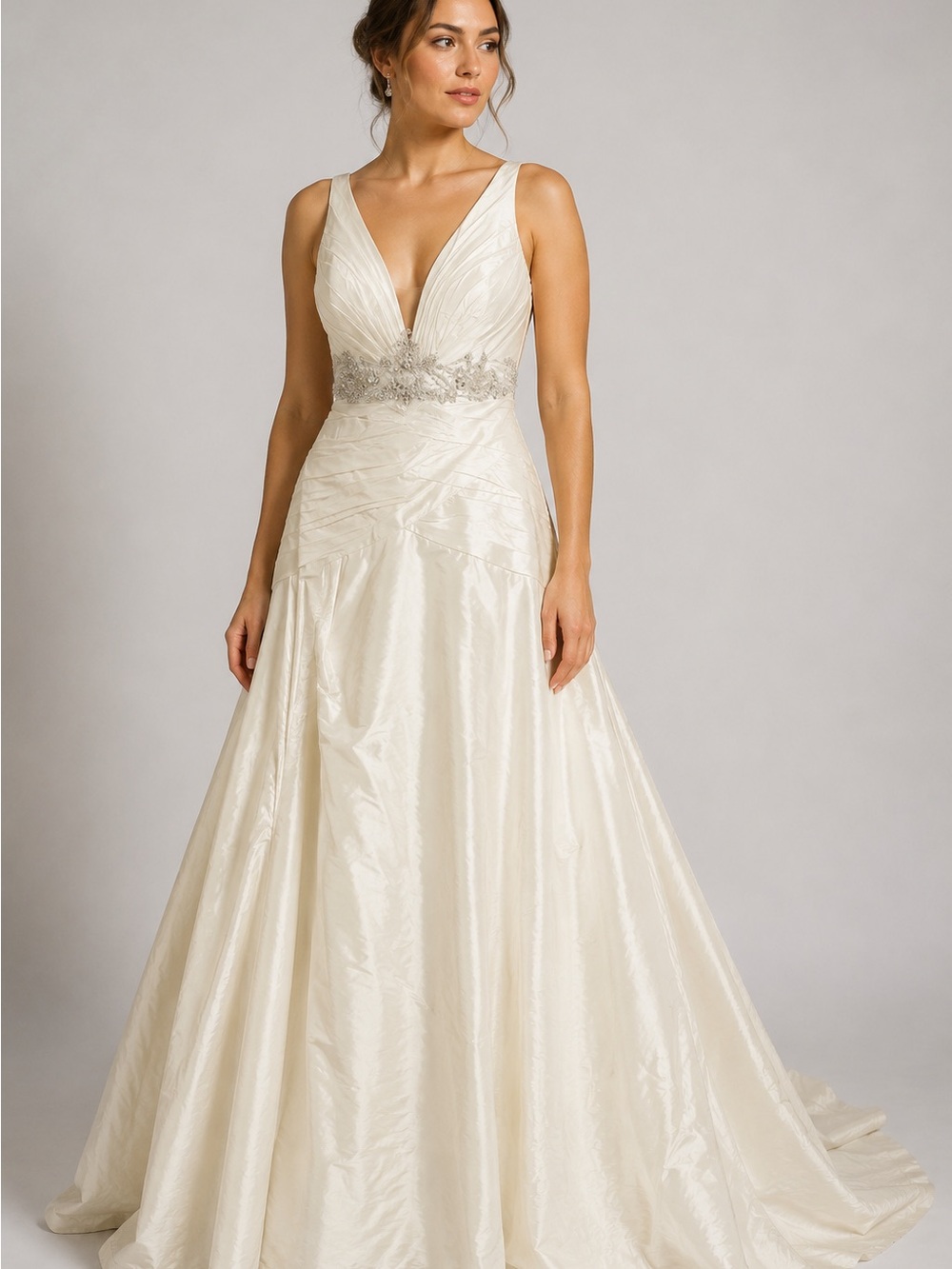 Jasmine Ivory V-Neck A-Line Wedding Gown with Beaded Waist